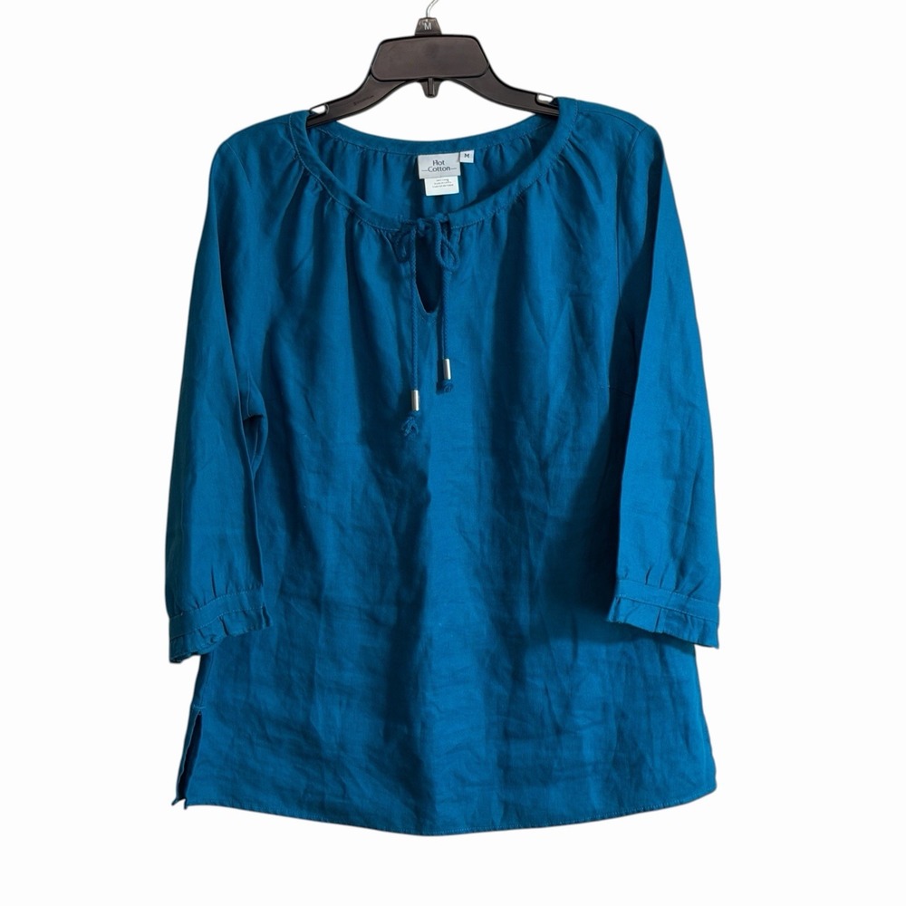 Hot Cotton Medium Linen Peasant Shirt Teal Blue Tassel Lagenlook Coastal